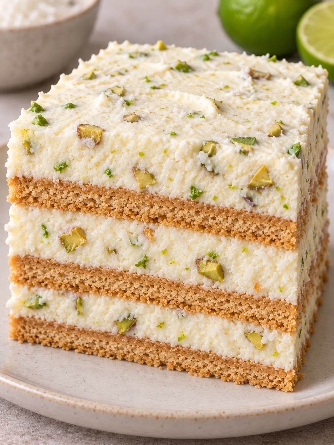 No-bake biscuit cake with coconut and lime — pistachios