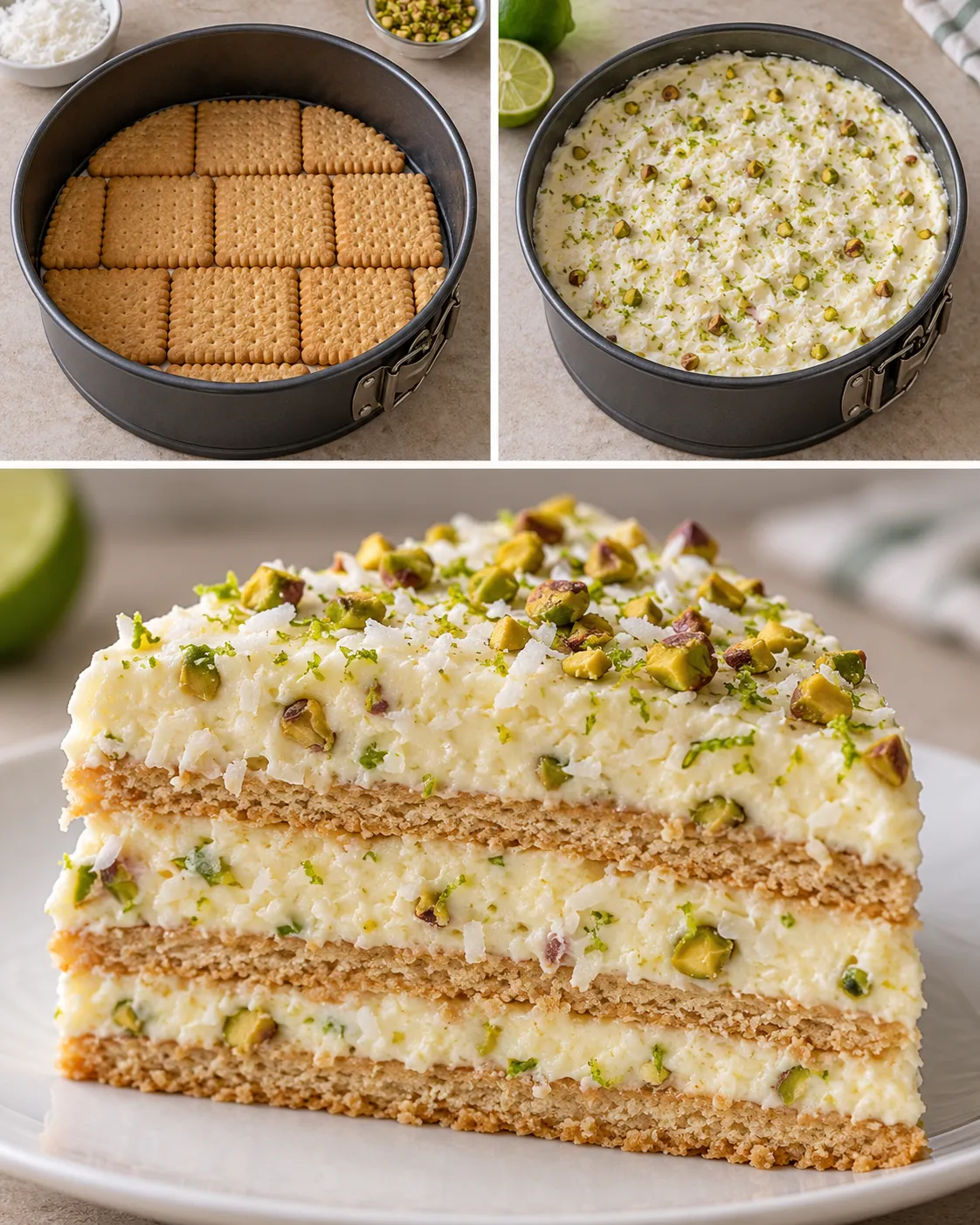 No-bake biscuit cake with coconut and lime — pistachios