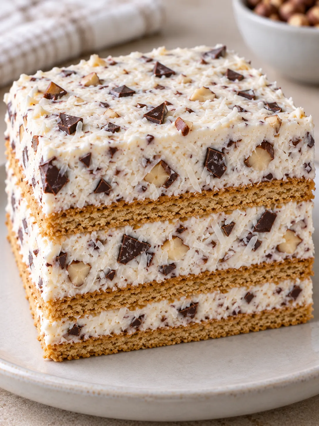 No-bake biscuit cake with chocolate and hazelnuts — coconut
