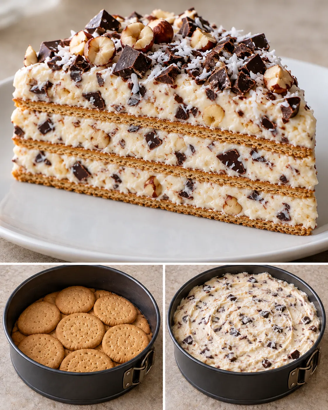 No-bake biscuit cake with chocolate and hazelnuts — coconut