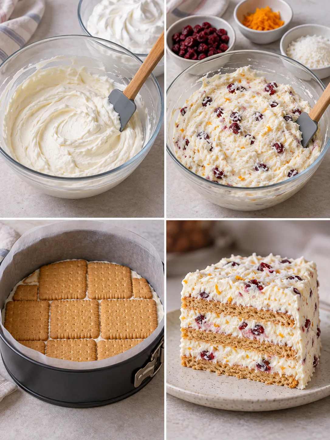 No-bake biscuit cake with cranberries and orange — coconut