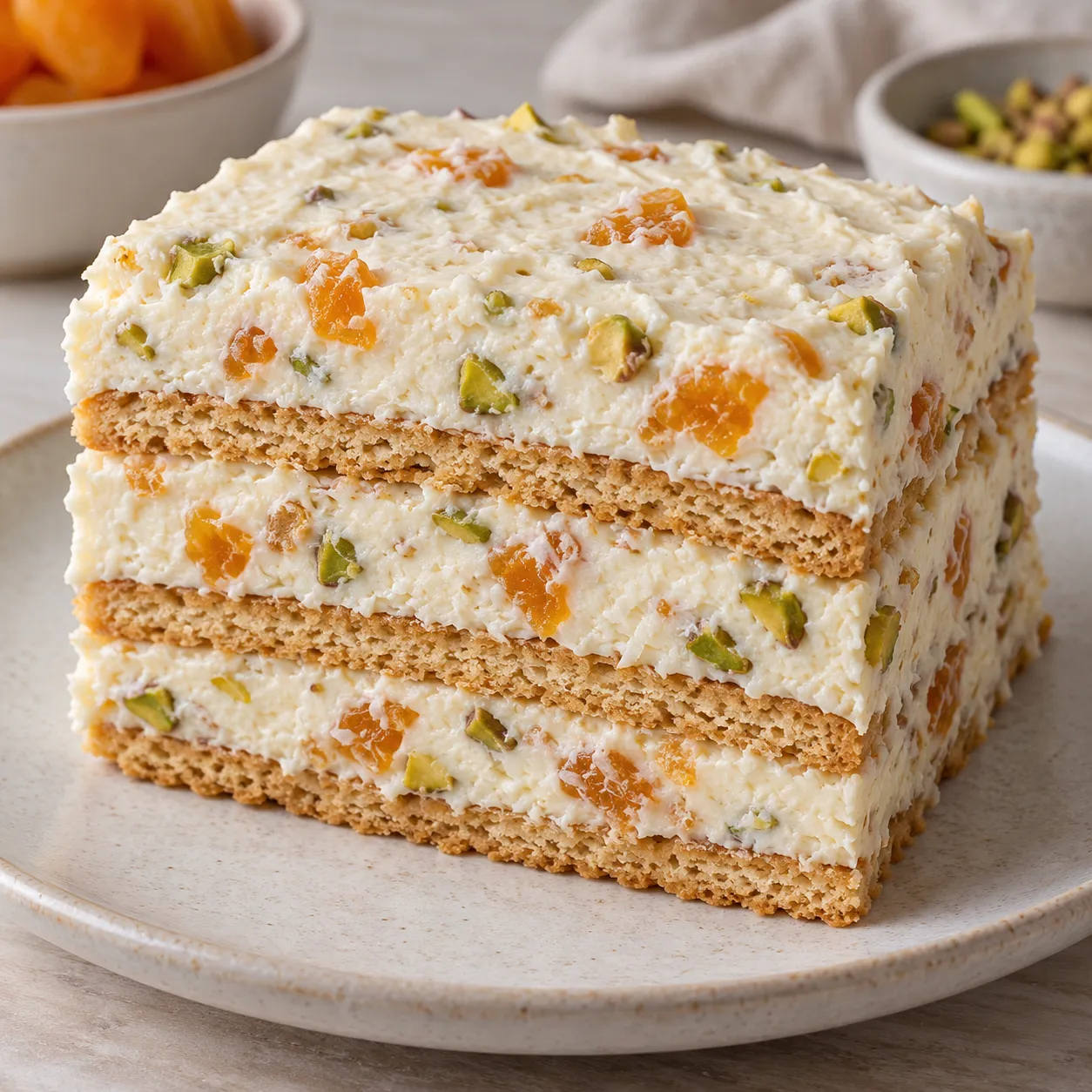 No-bake biscuit cake with apricots and pistachios — coconut