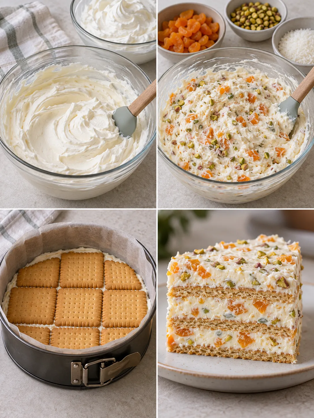 No-bake biscuit cake with apricots and pistachios — coconut