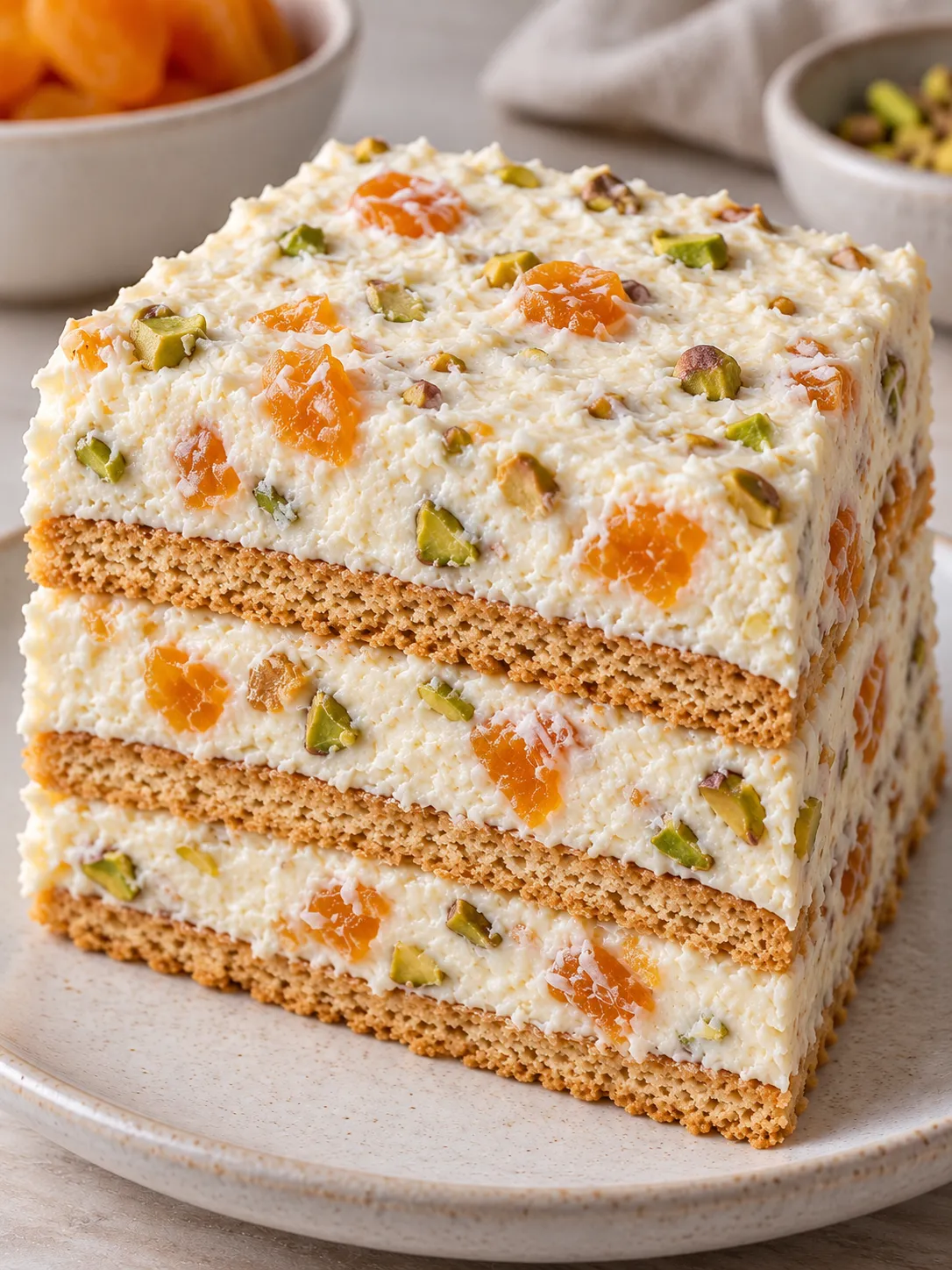 No-bake biscuit cake with apricots and pistachios — coconut