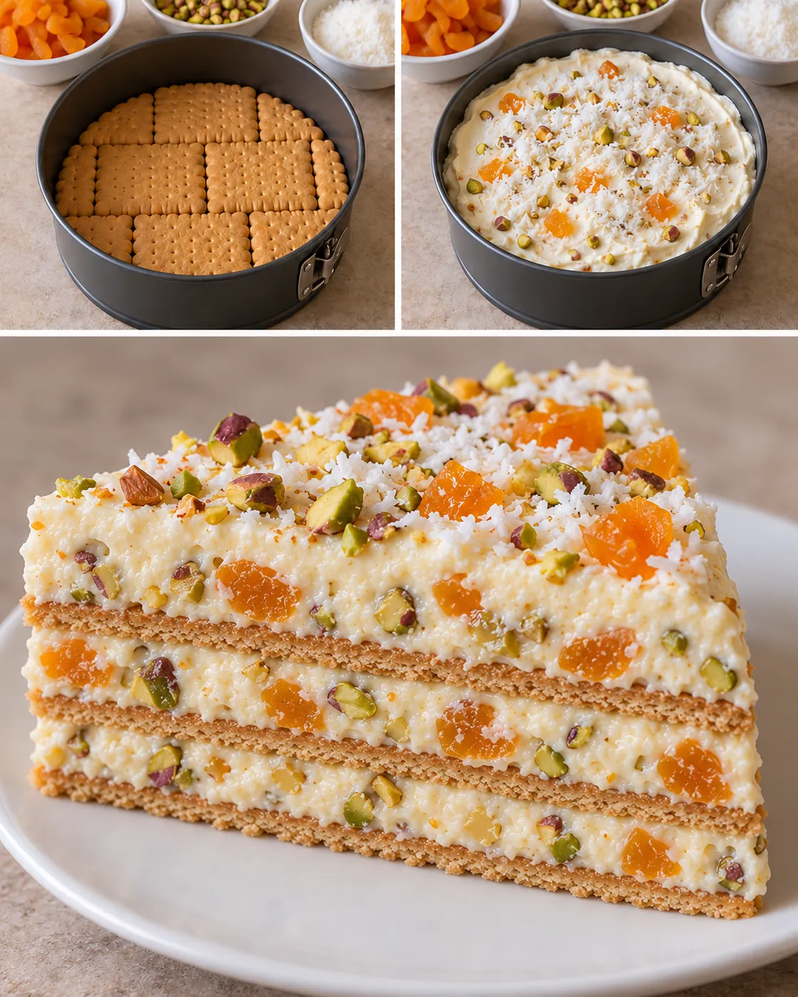 No-bake biscuit cake with apricots and pistachios — coconut