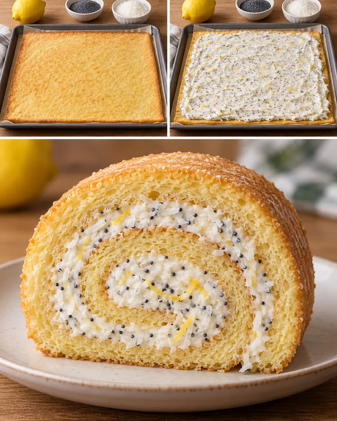 Sponge roll with lemon and poppy seeds — coconut
