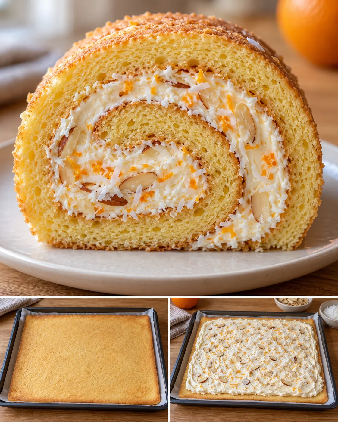 Sponge roll with orange and almonds — coconut