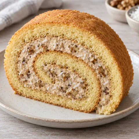 Sponge roll with coffee and walnuts — coconut