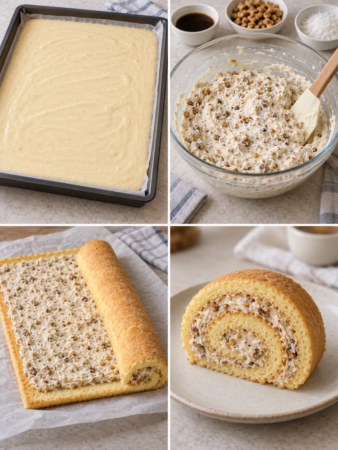 Sponge roll with coffee and walnuts — coconut