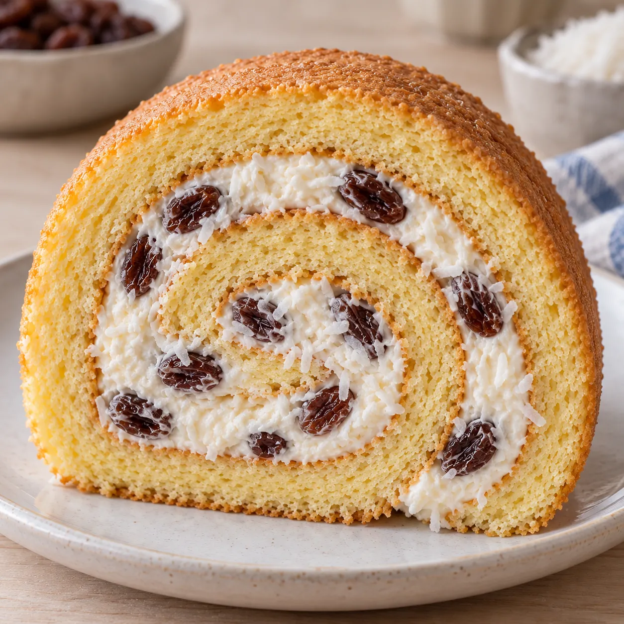 Sponge roll with vanilla and raisins — coconut