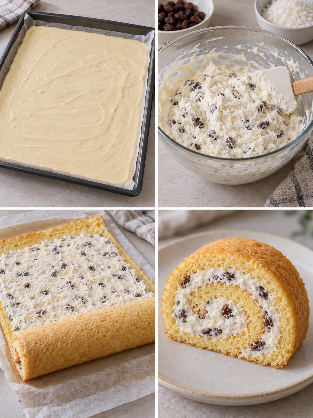 Sponge roll with vanilla and raisins — coconut
