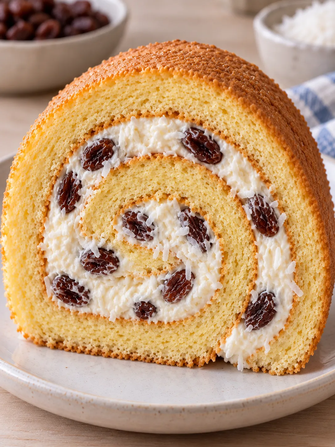 Sponge roll with vanilla and raisins — coconut