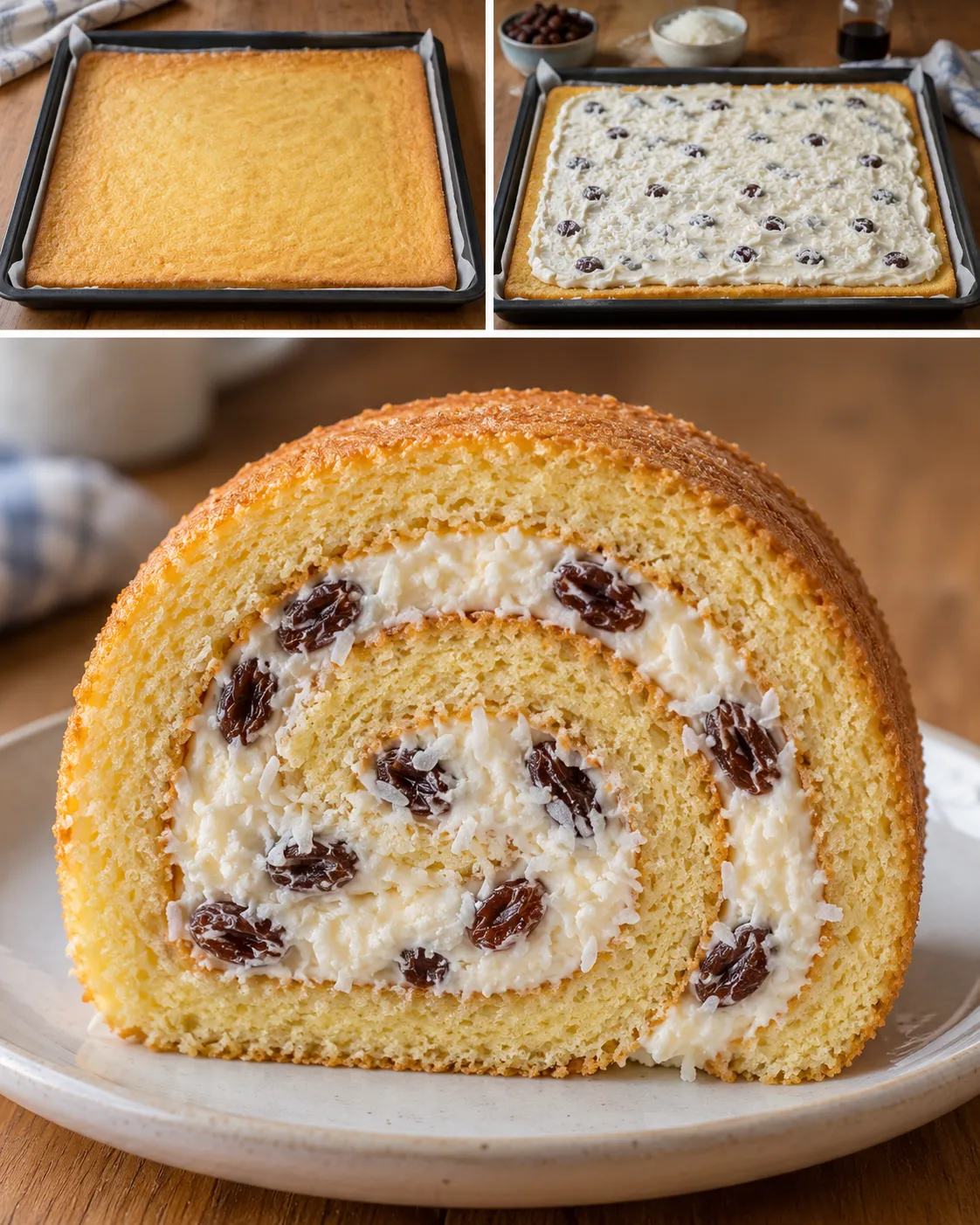 Sponge roll with vanilla and raisins — coconut