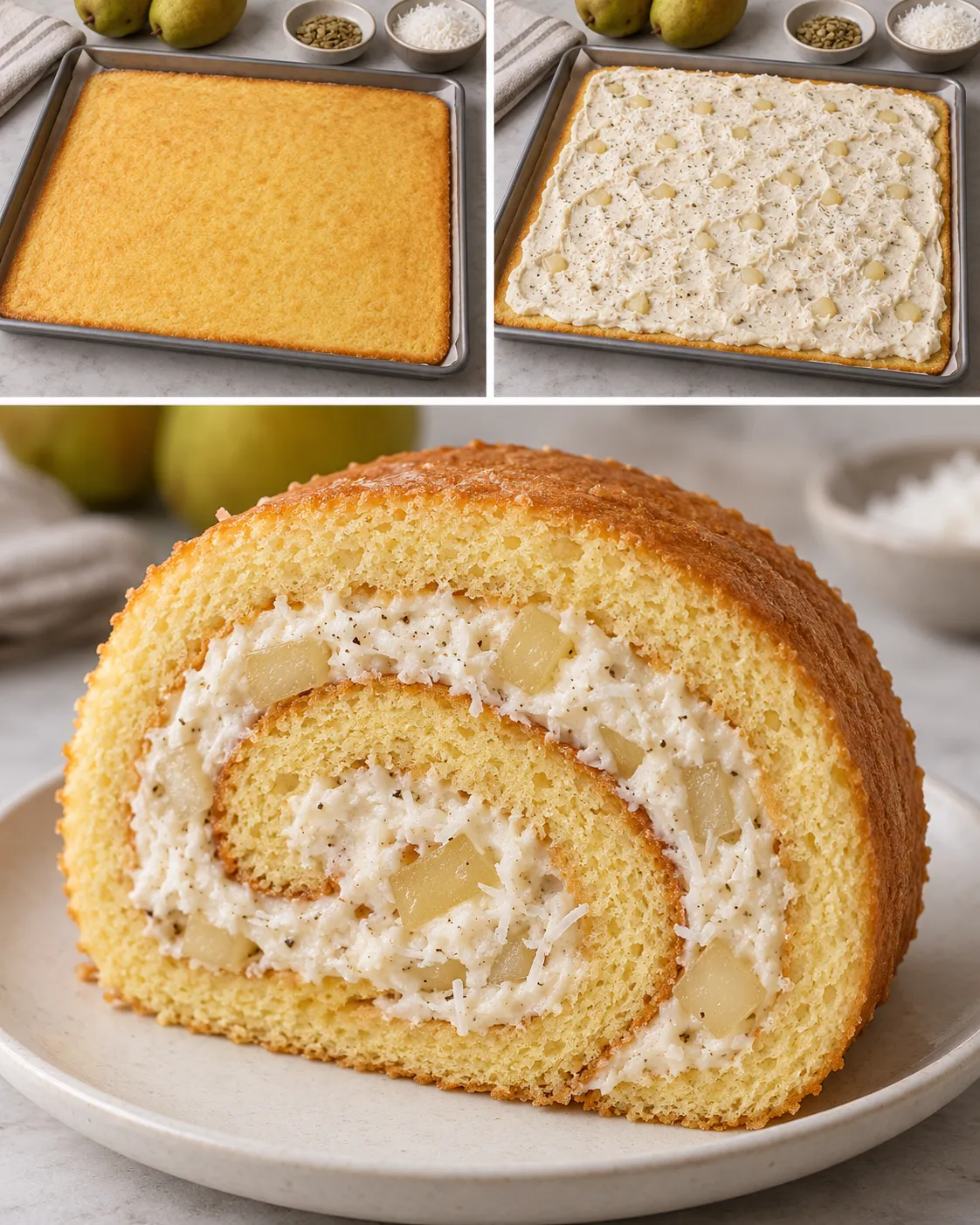 Sponge roll with cardamom and pear — coconut