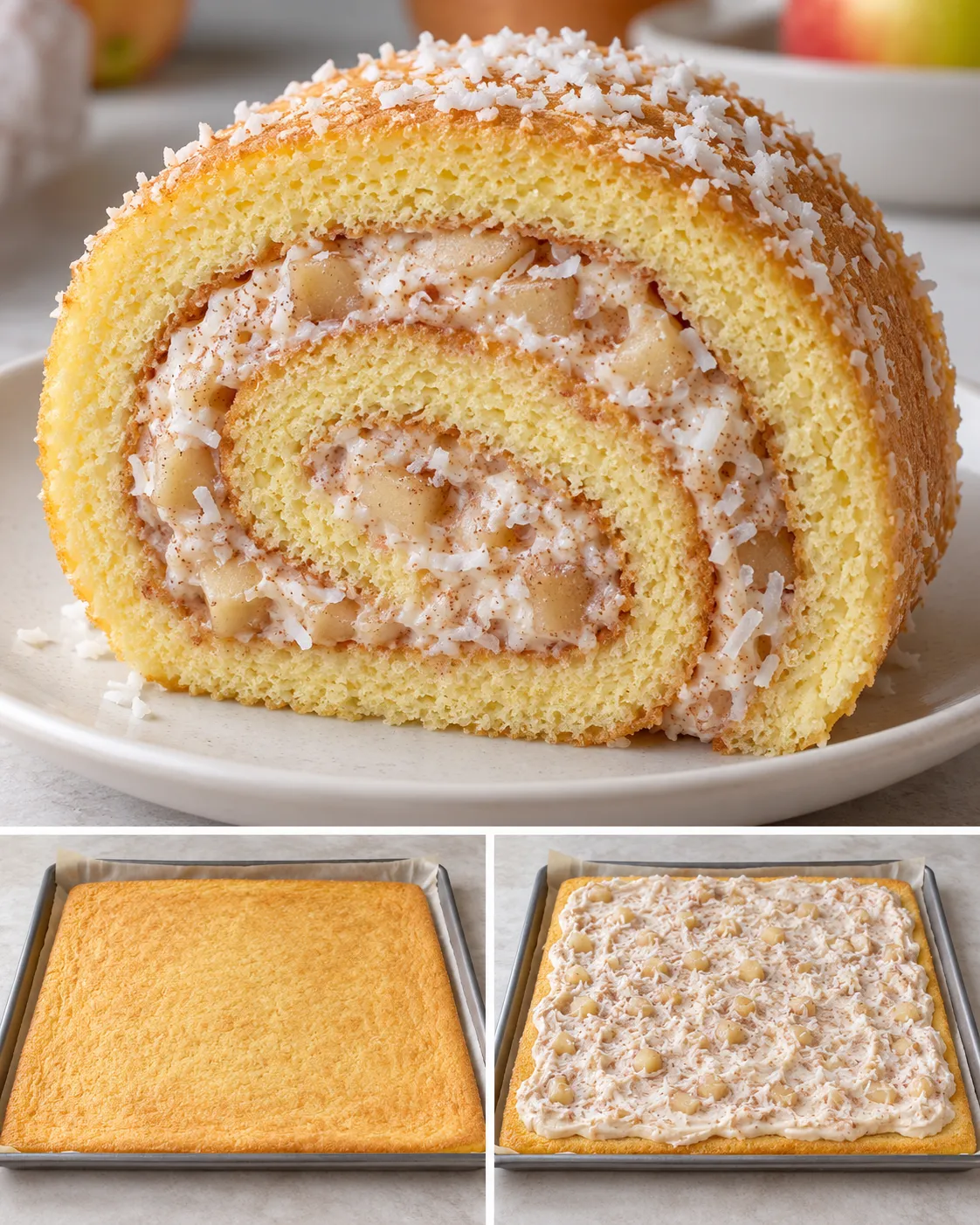 Sponge roll with cinnamon and apple — coconut