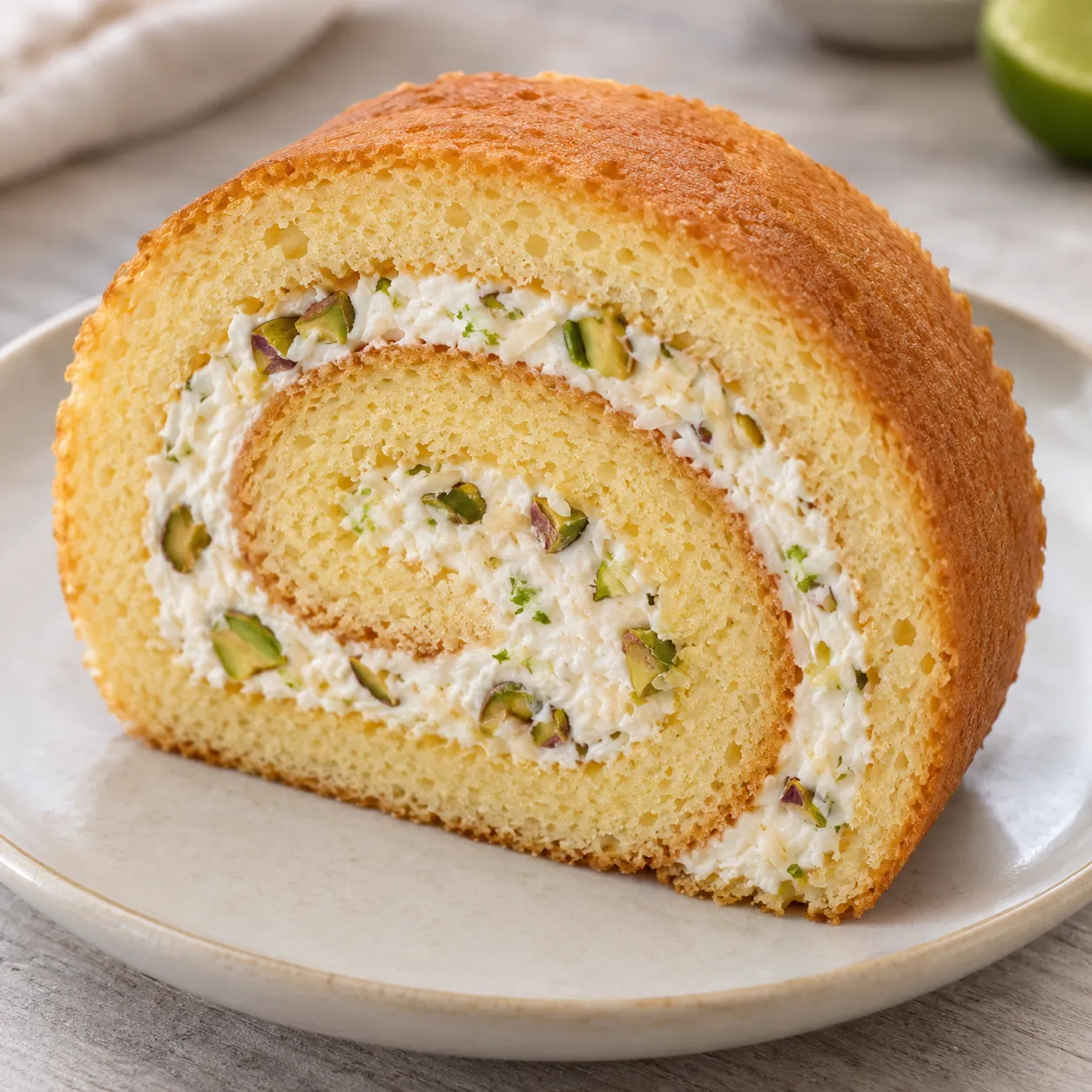 Sponge roll with coconut and lime — pistachios