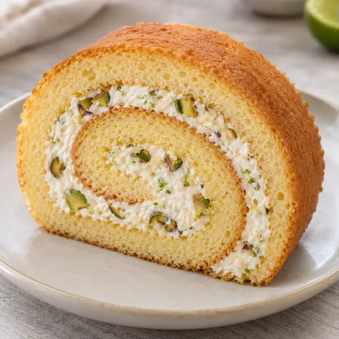 Sponge roll with coconut and lime — pistachios