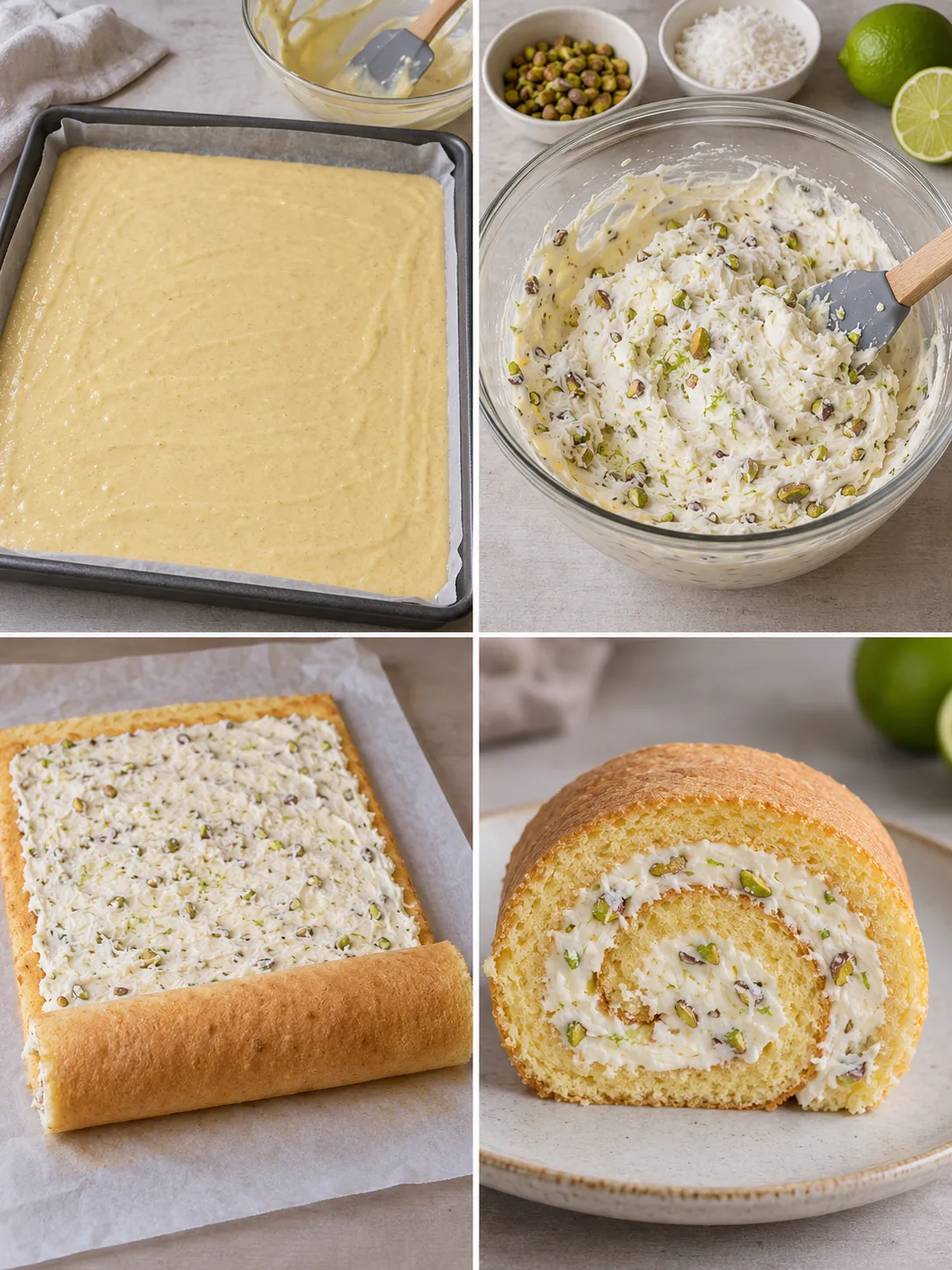 Sponge roll with coconut and lime — pistachios