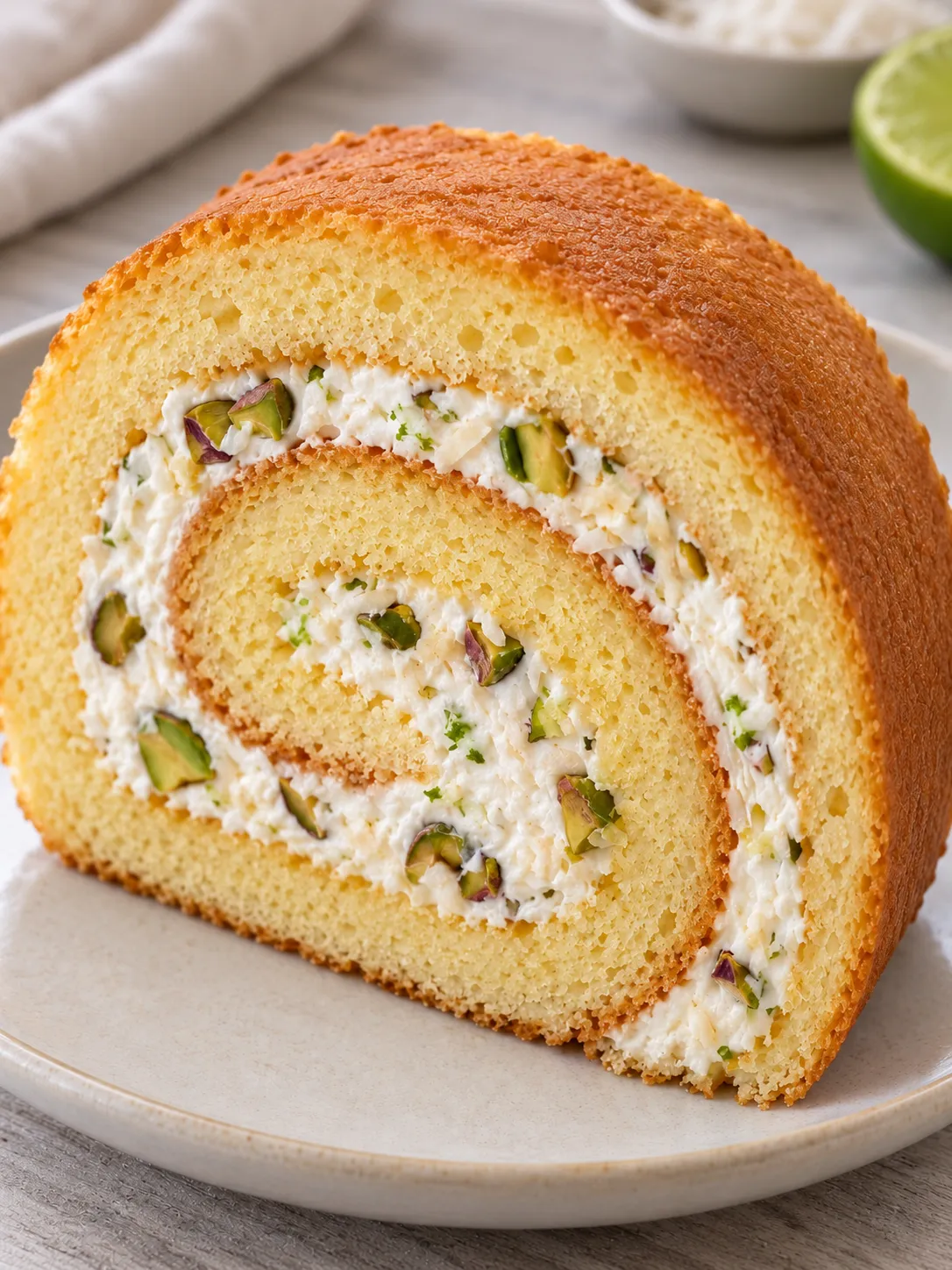 Sponge roll with coconut and lime — pistachios