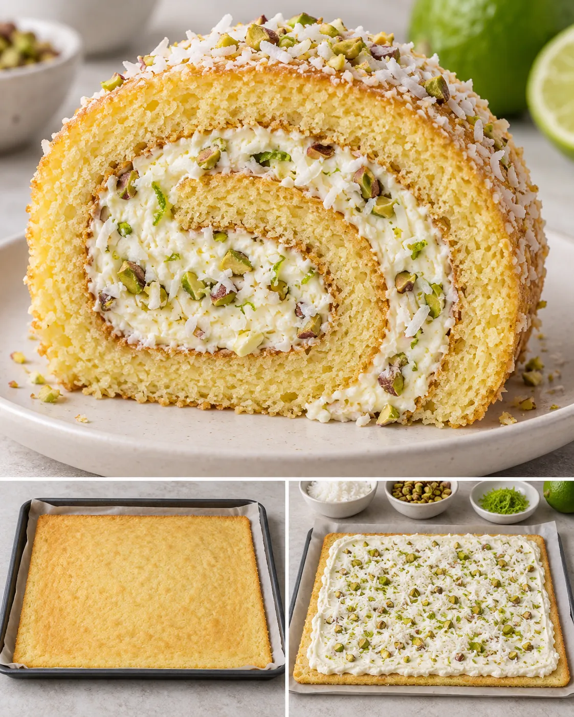 Sponge roll with coconut and lime — pistachios