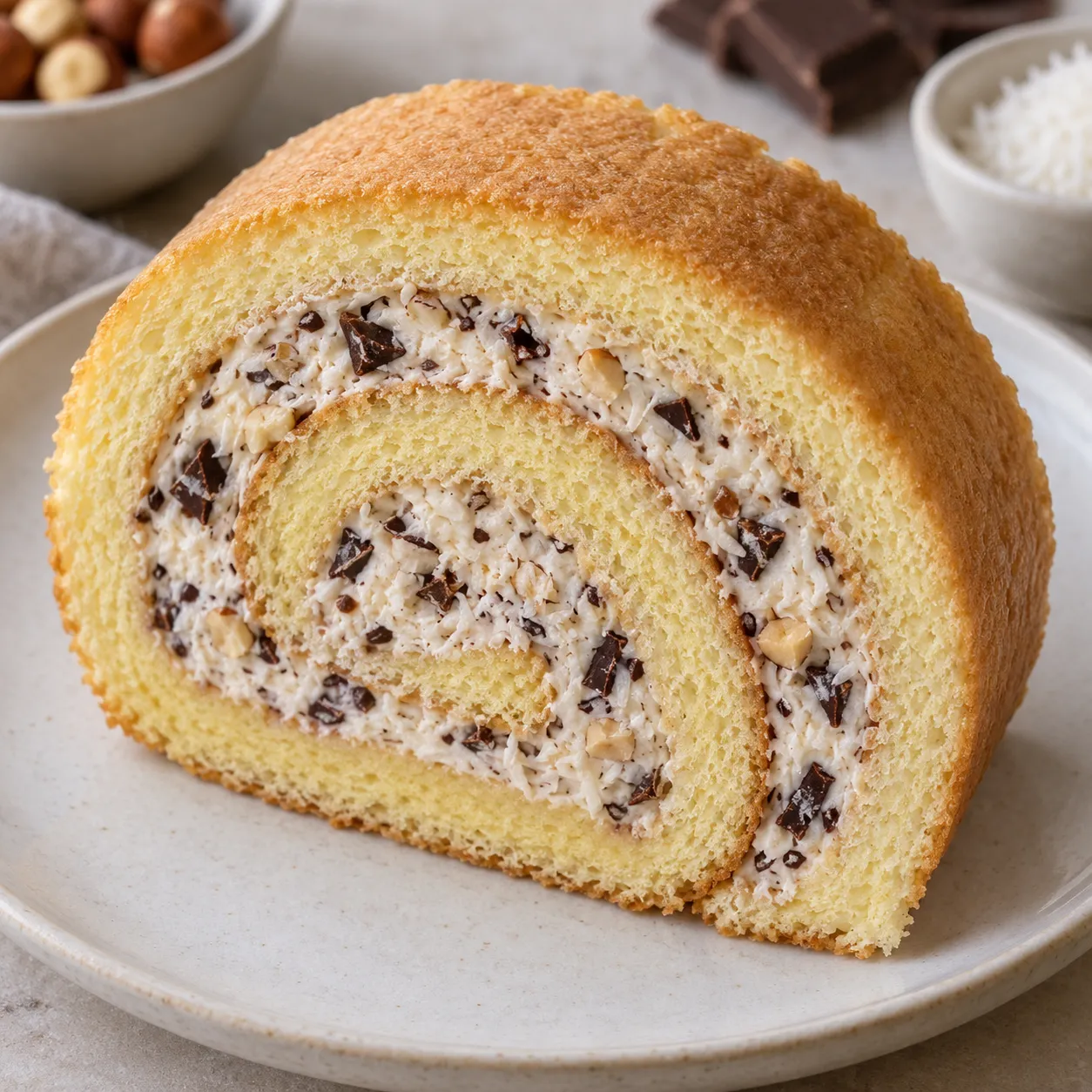 Sponge roll with chocolate and hazelnuts — coconut