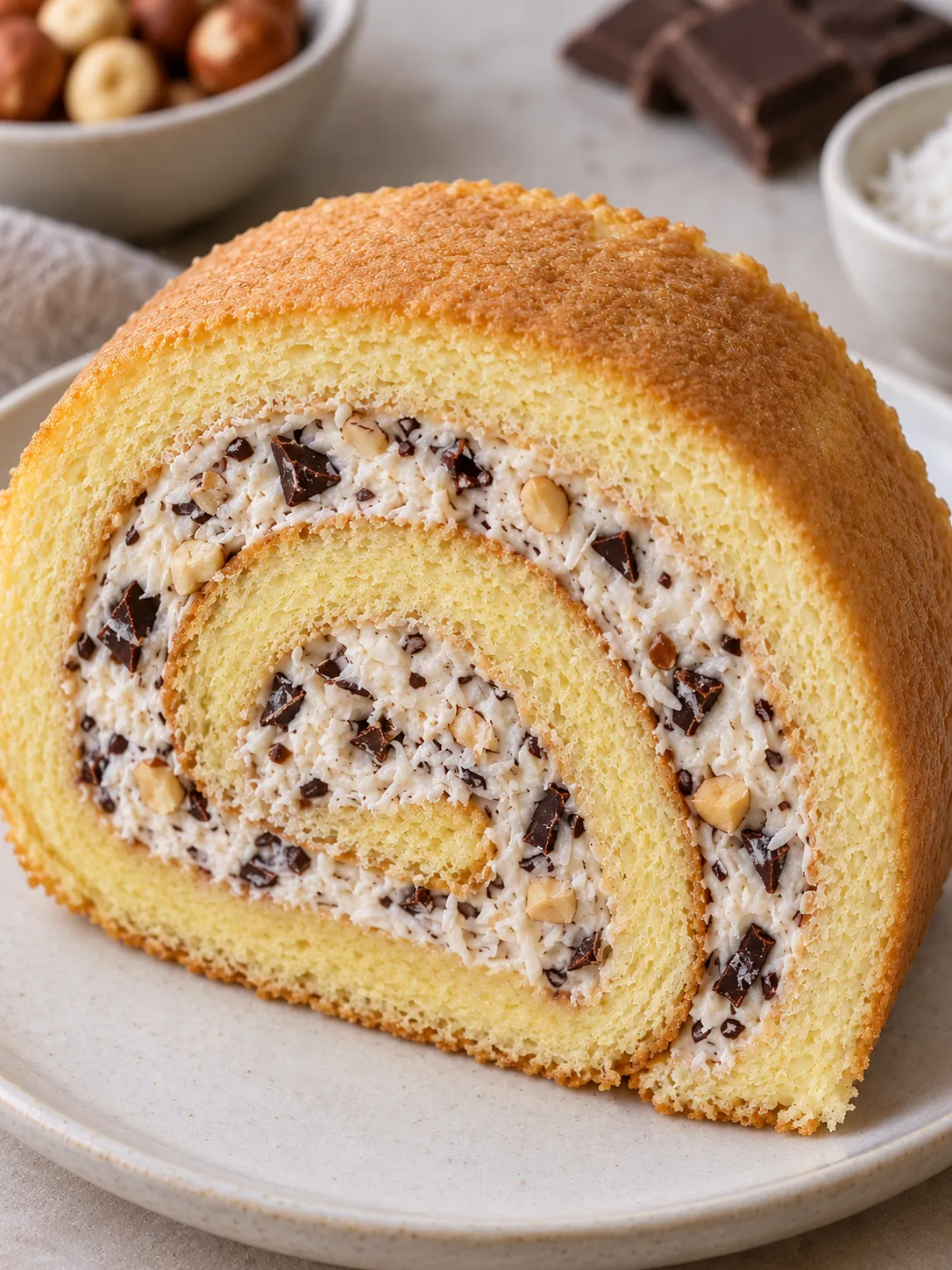 Sponge roll with chocolate and hazelnuts — coconut