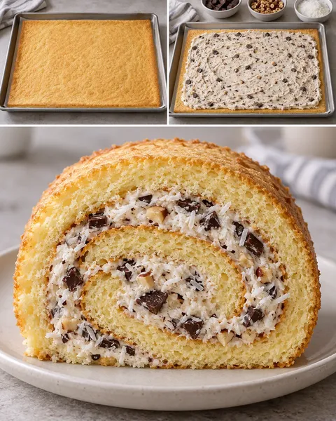 Sponge roll with chocolate and hazelnuts — coconut
