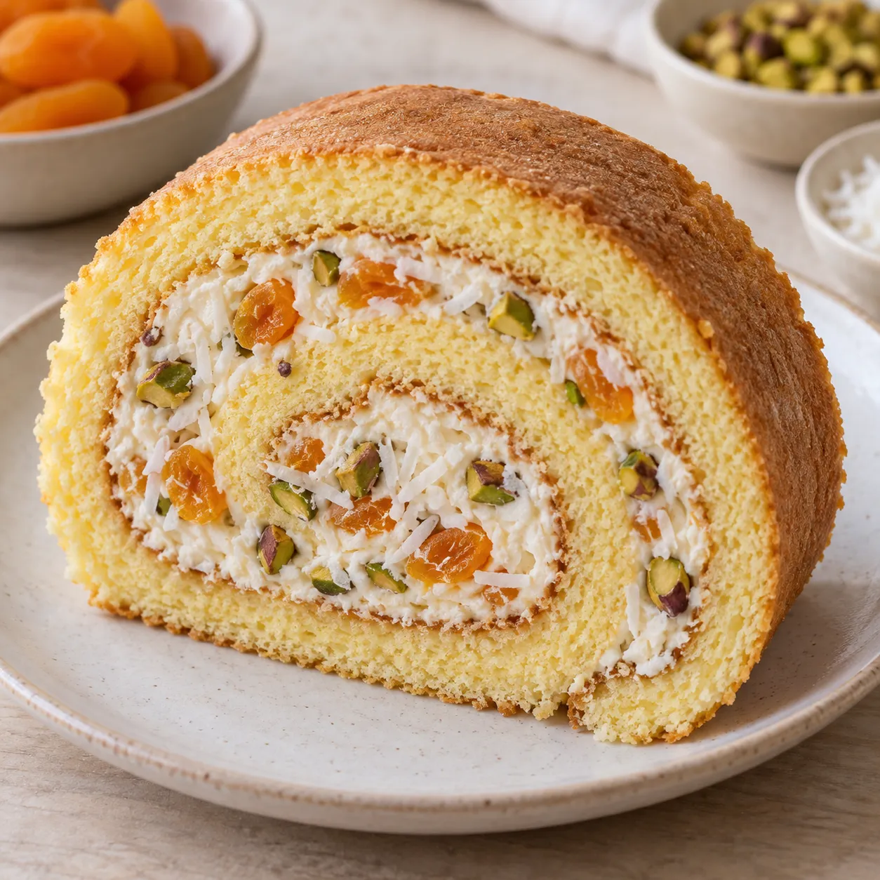 Sponge roll with apricots and pistachios — coconut
