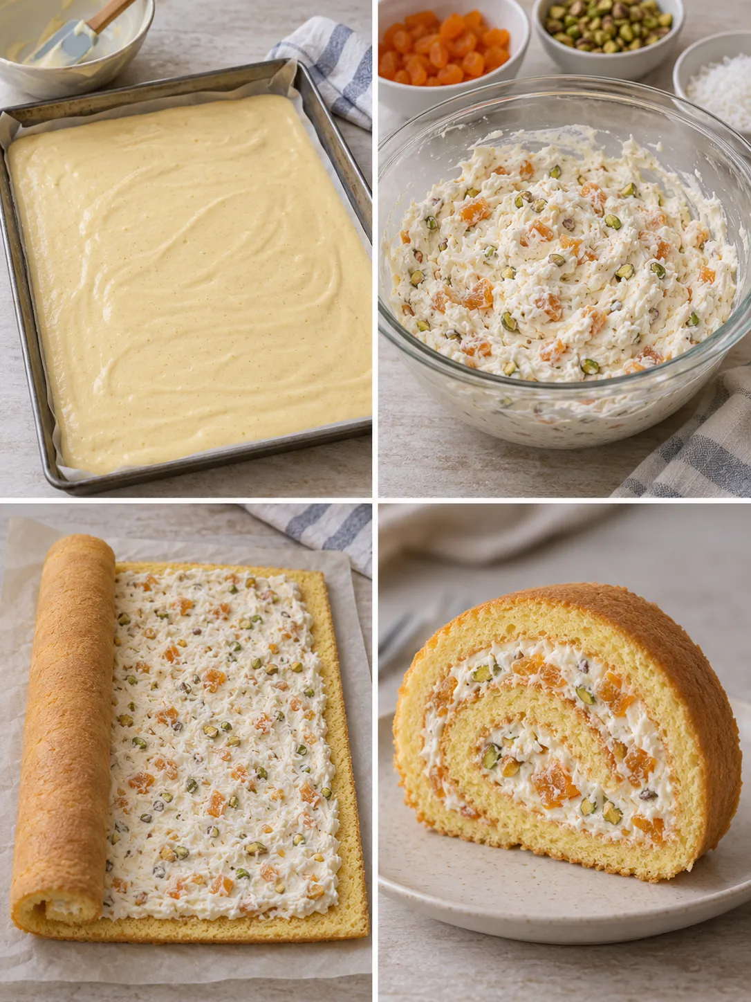 Sponge roll with apricots and pistachios — coconut