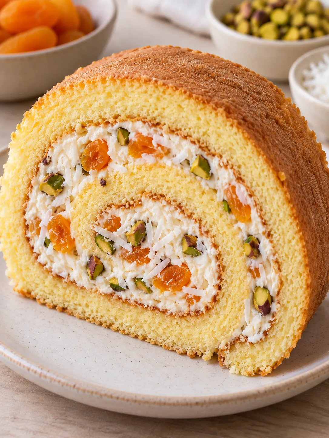 Sponge roll with apricots and pistachios — coconut
