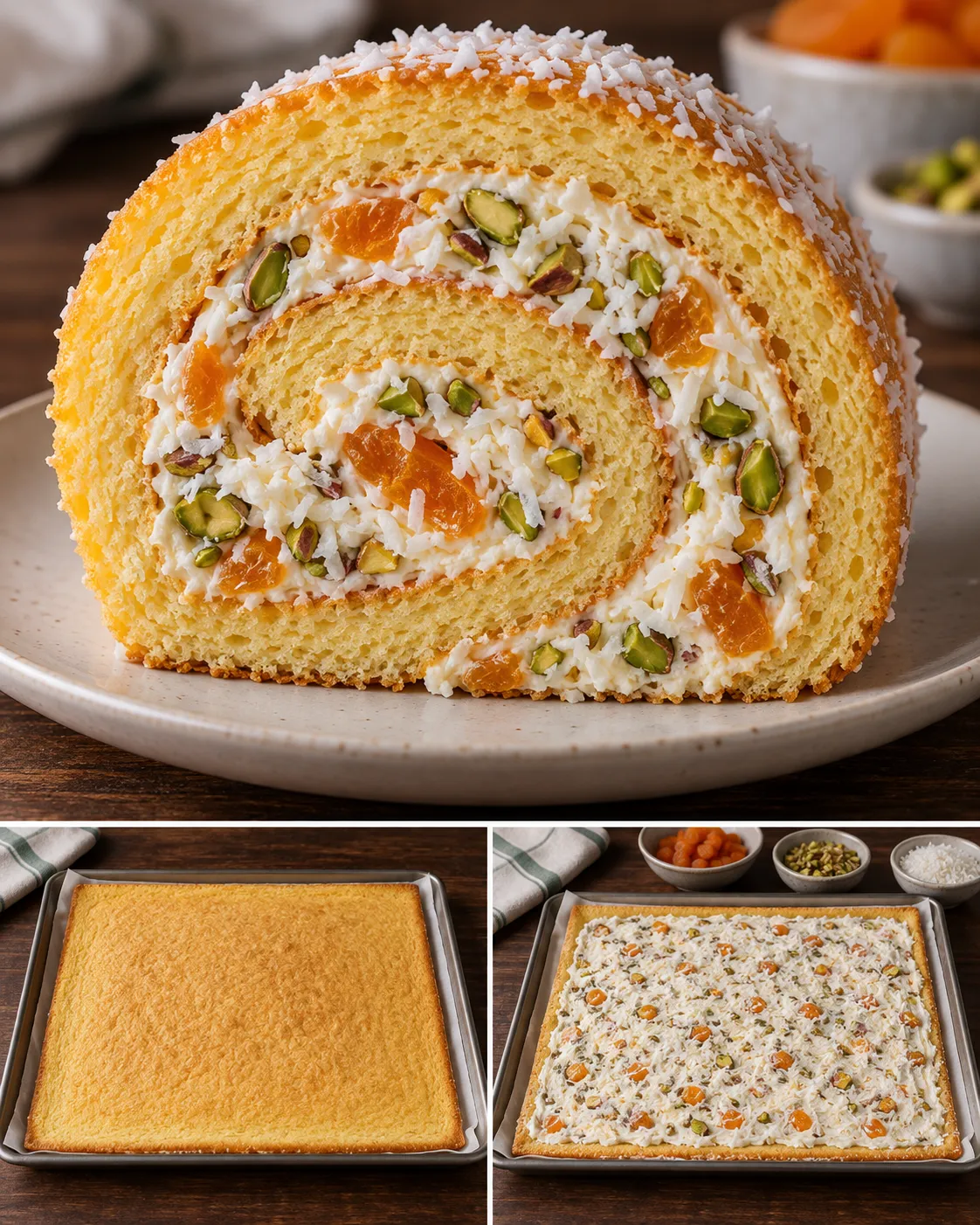 Sponge roll with apricots and pistachios — coconut