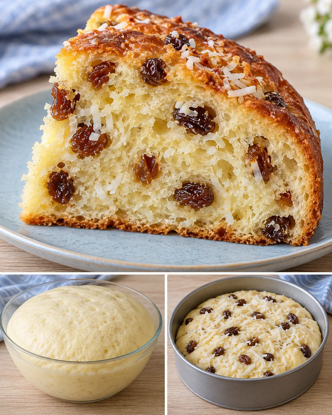 Sweet yeast cake with vanilla and raisins — coconut