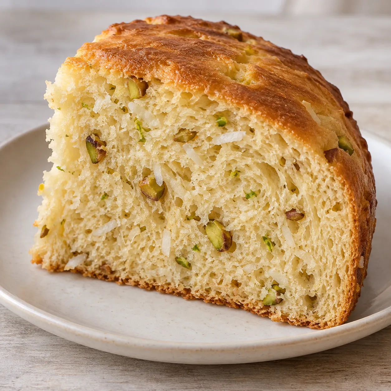 Sweet yeast cake with coconut and lime — pistachios