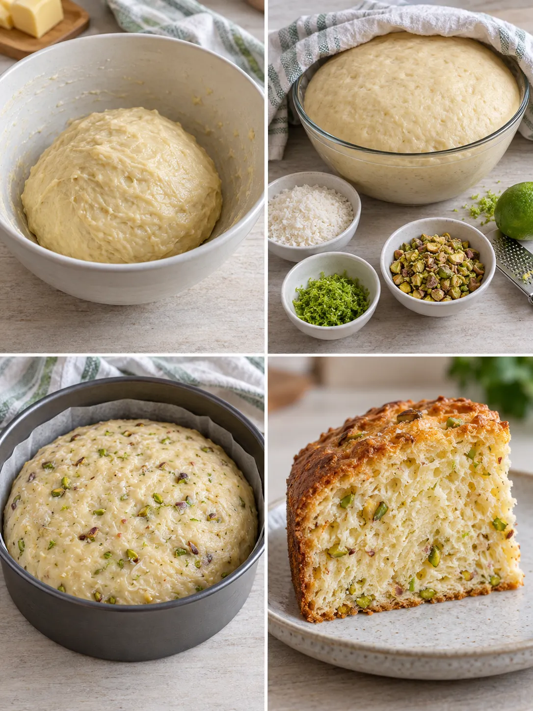 Sweet yeast cake with coconut and lime — pistachios
