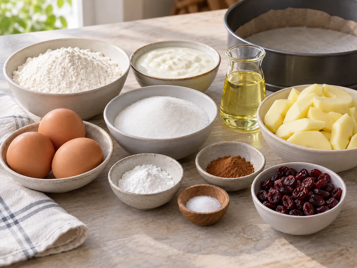 large eggs, granulated sugar, plain full-fat yogurt, neutral sunflower oil