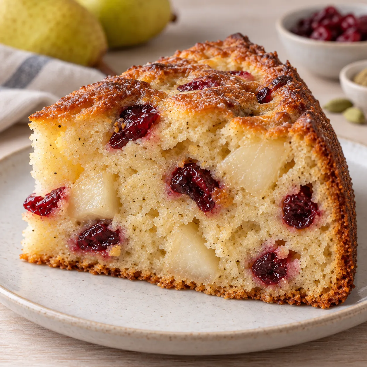 Yogurt cake with pear and cardamom — cranberries