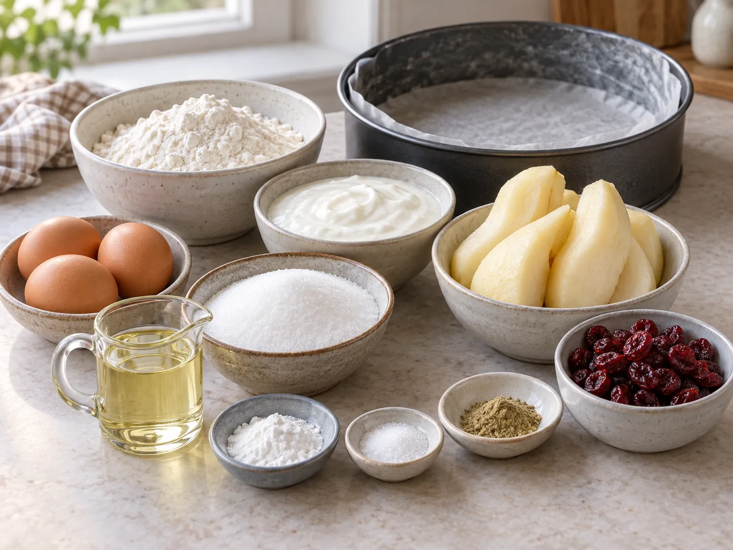 large eggs, granulated sugar, plain full-fat yogurt, neutral sunflower oil
