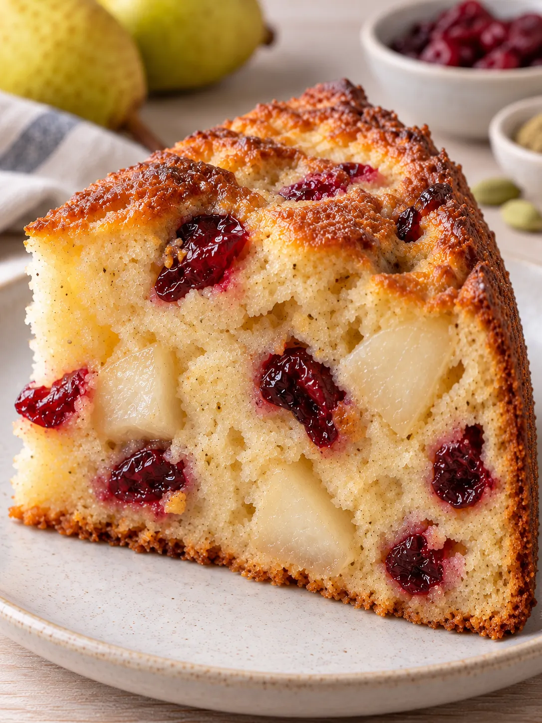 Yogurt cake with pear and cardamom — cranberries