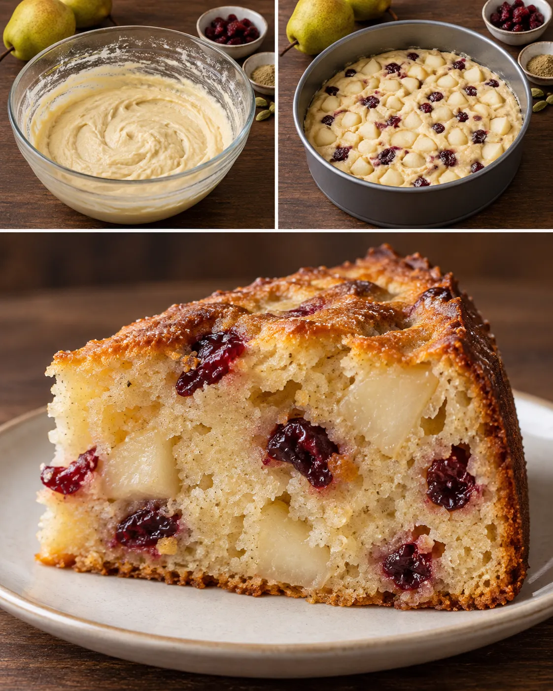 Yogurt cake with pear and cardamom — cranberries