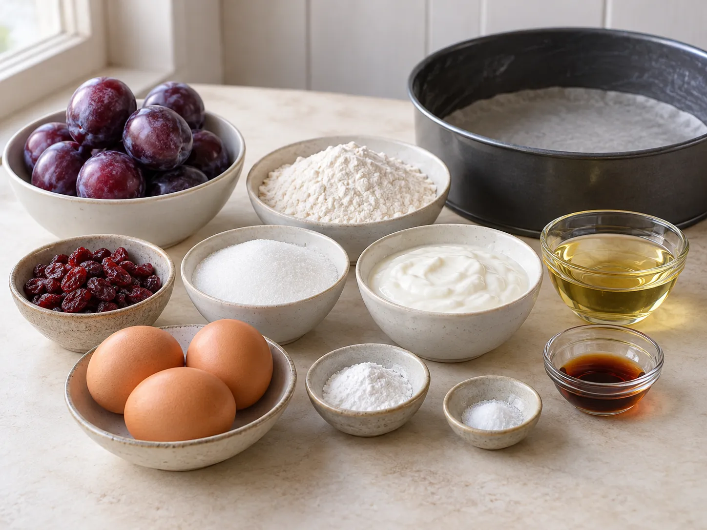 large eggs, granulated sugar, plain full-fat yogurt, neutral sunflower oil