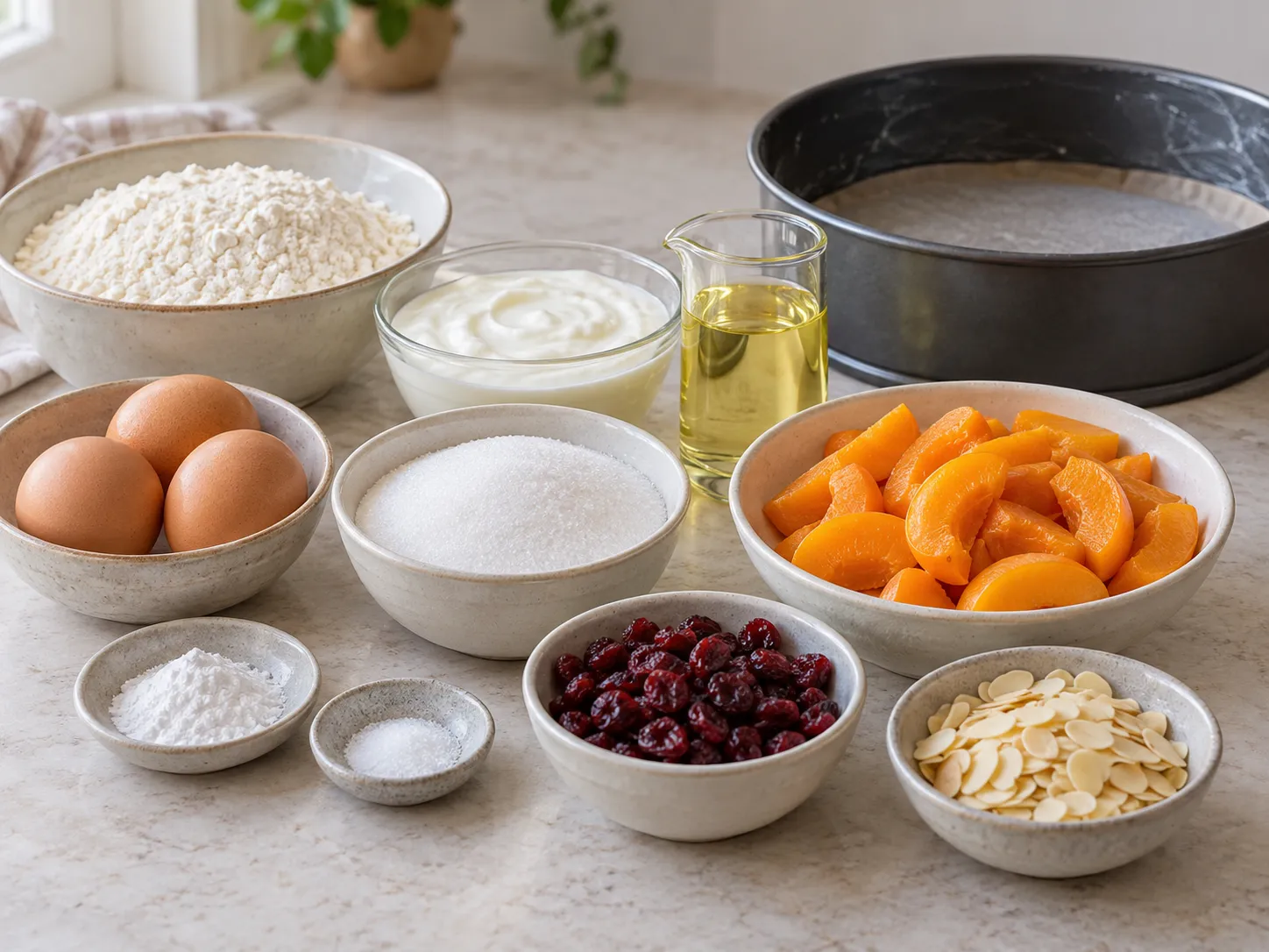 large eggs, granulated sugar, plain full-fat yogurt, neutral sunflower oil