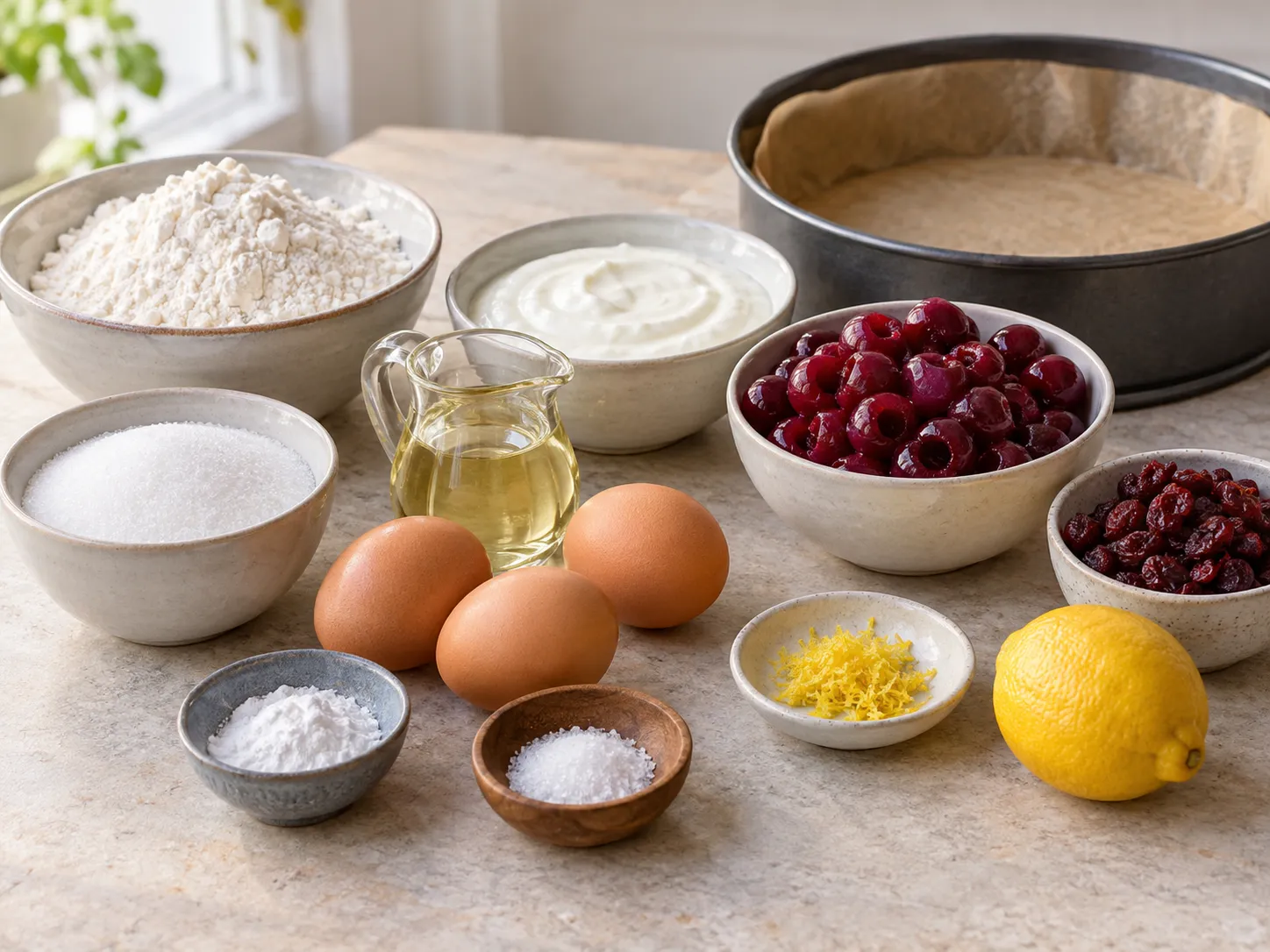 large eggs, granulated sugar, plain full-fat yogurt, neutral sunflower oil