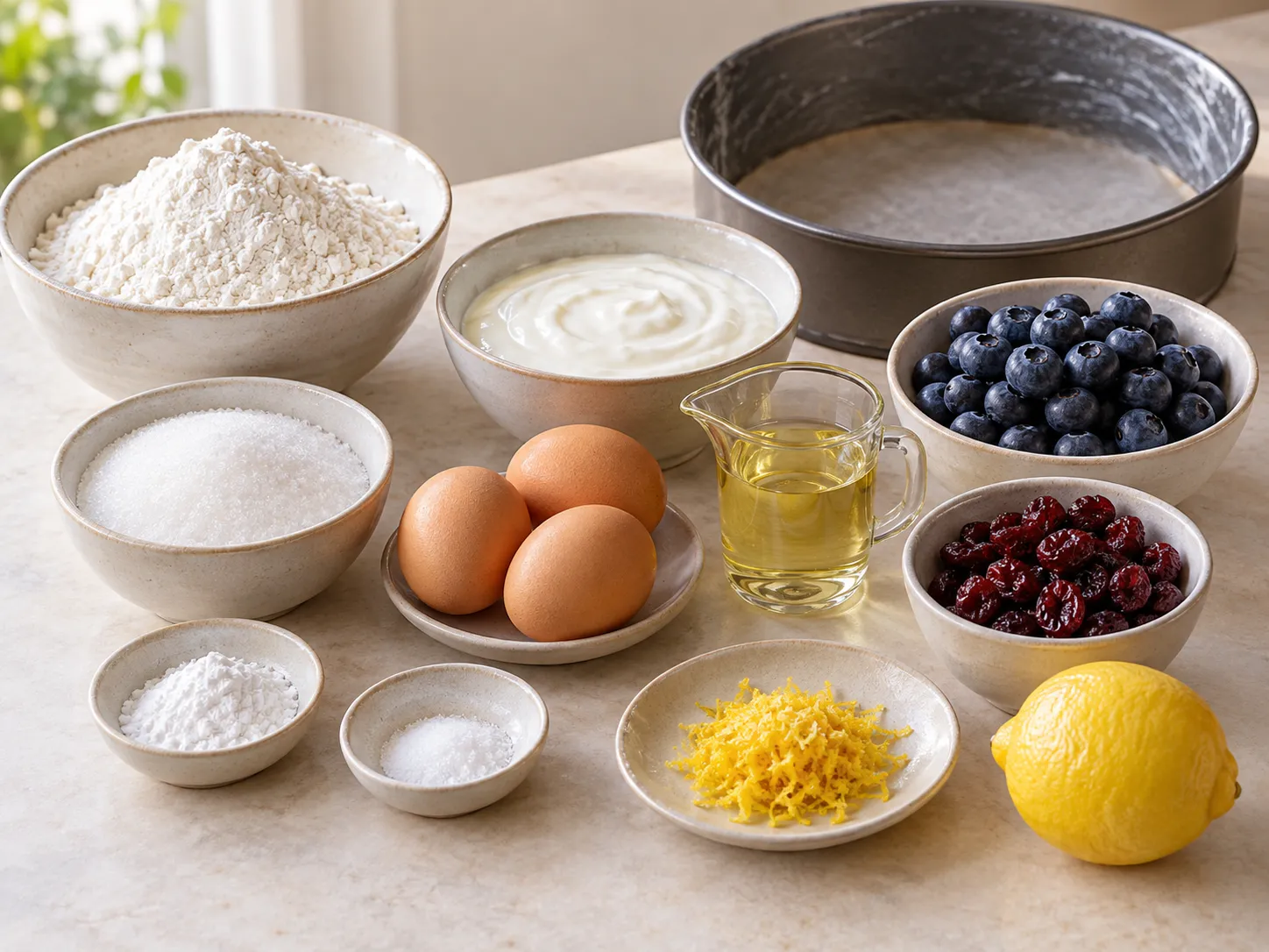 large eggs, granulated sugar, plain full-fat yogurt, neutral sunflower oil