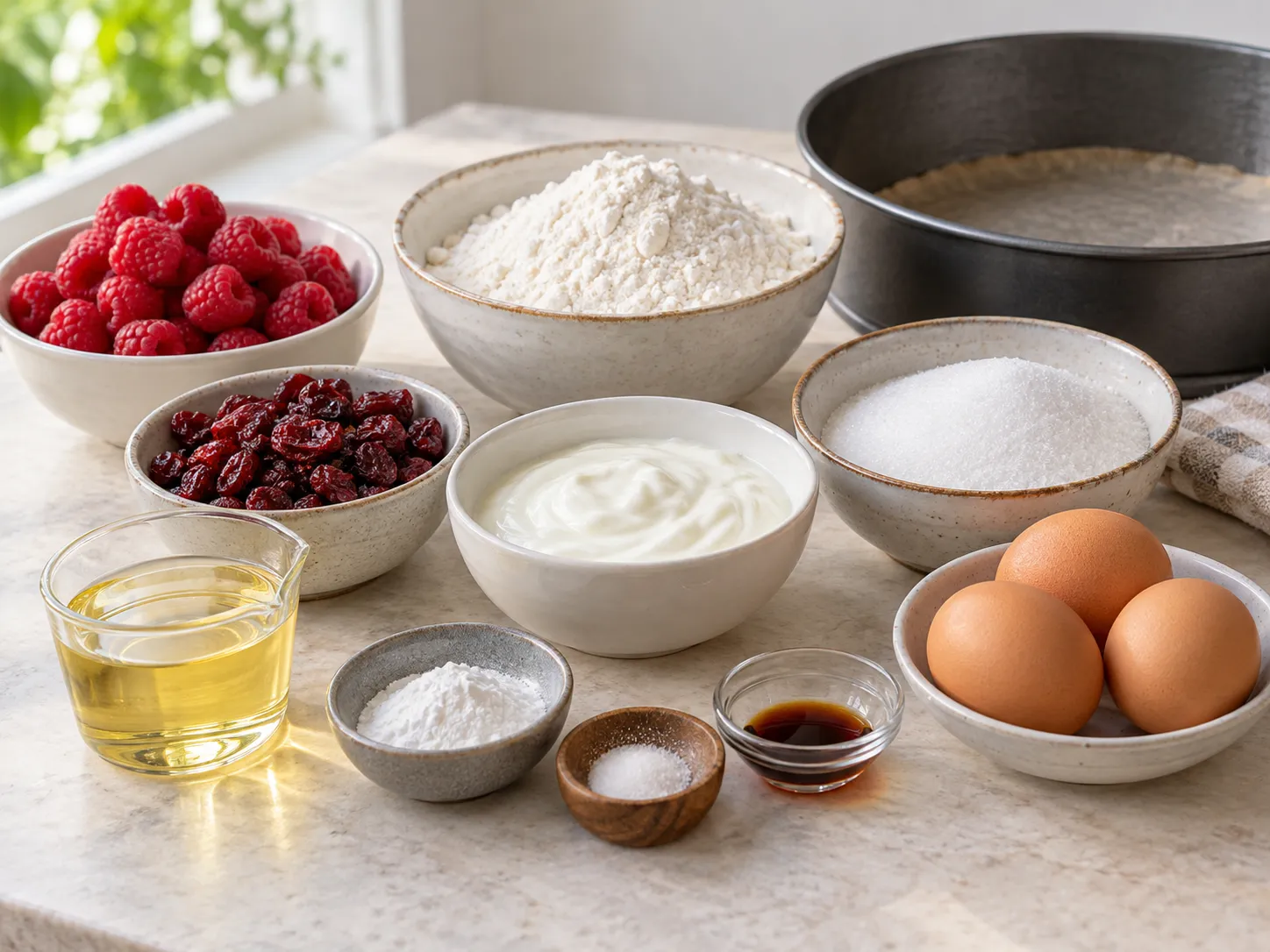 large eggs, granulated sugar, plain full-fat yogurt, neutral sunflower oil