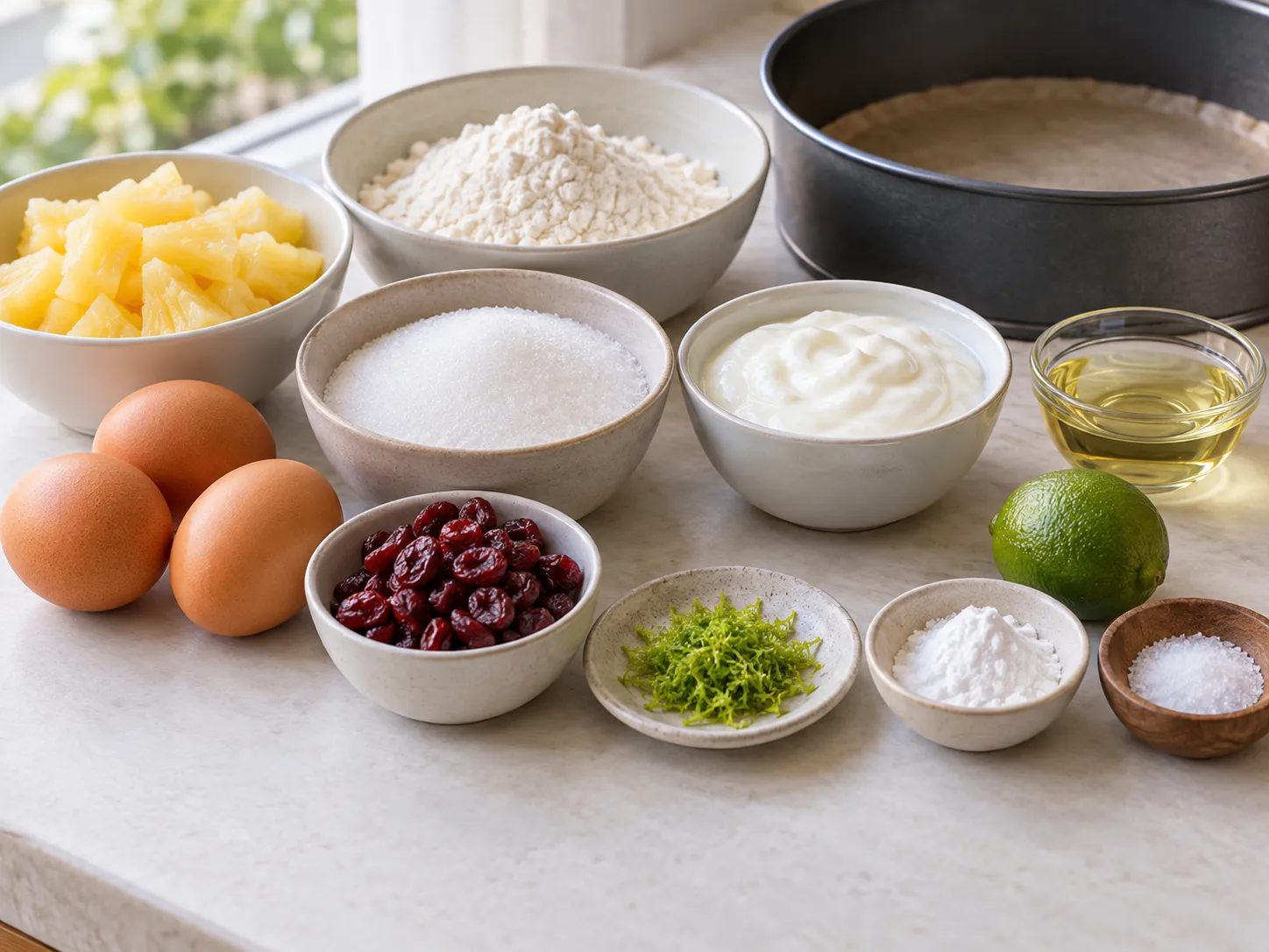 large eggs, granulated sugar, plain full-fat yogurt, neutral sunflower oil