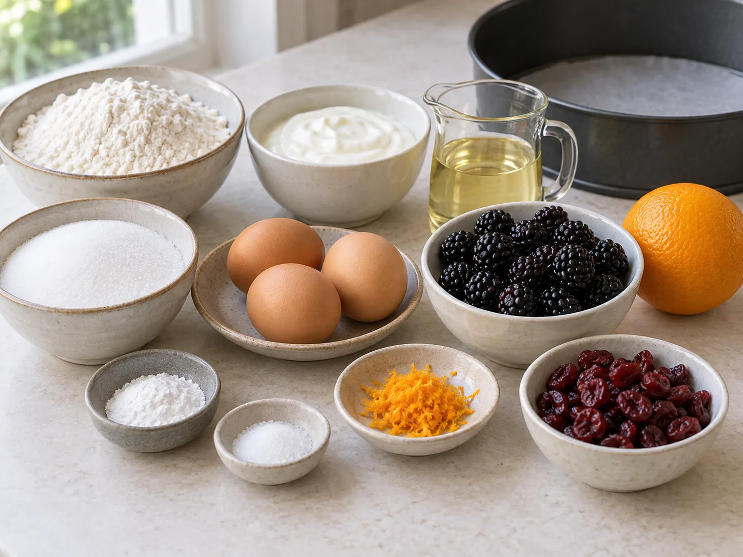large eggs, granulated sugar, plain full-fat yogurt, neutral sunflower oil