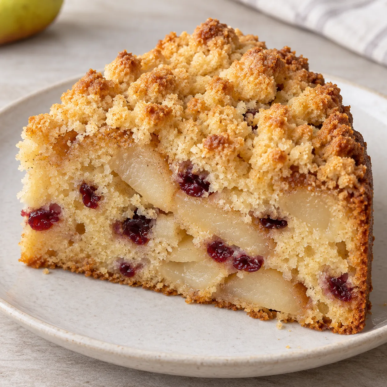 Crumble cake with pear and cardamom — cranberries