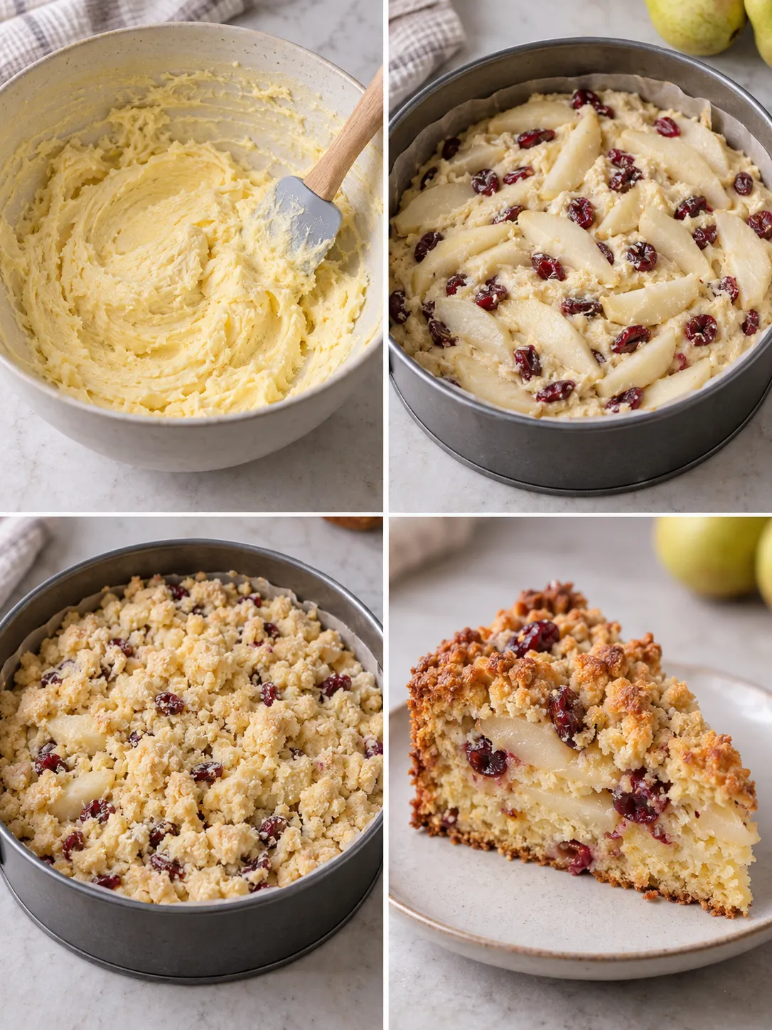 Crumble cake with pear and cardamom — cranberries