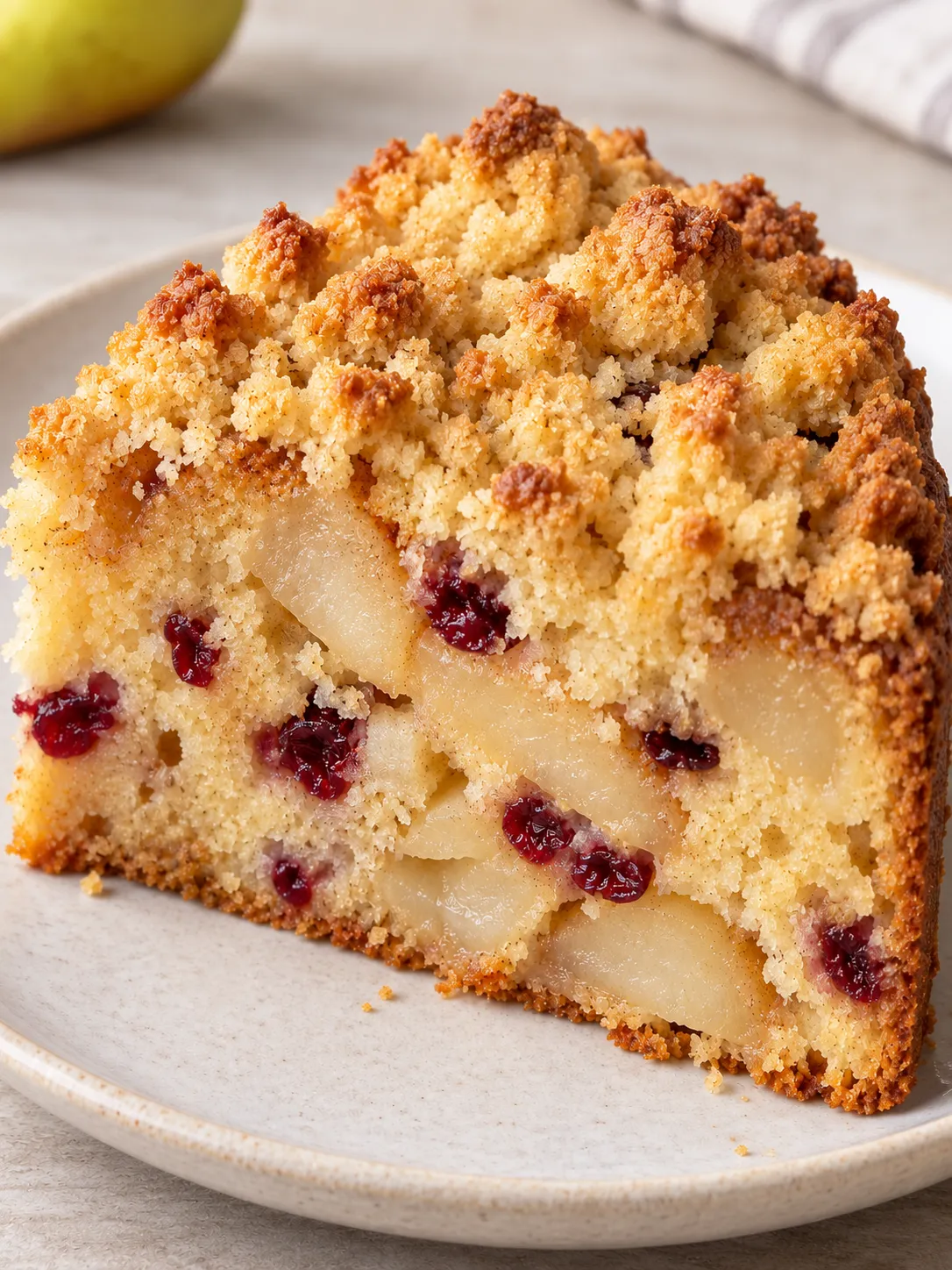 Crumble cake with pear and cardamom — cranberries