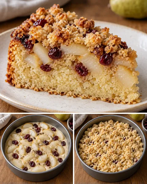 Crumble cake with pear and cardamom — cranberries